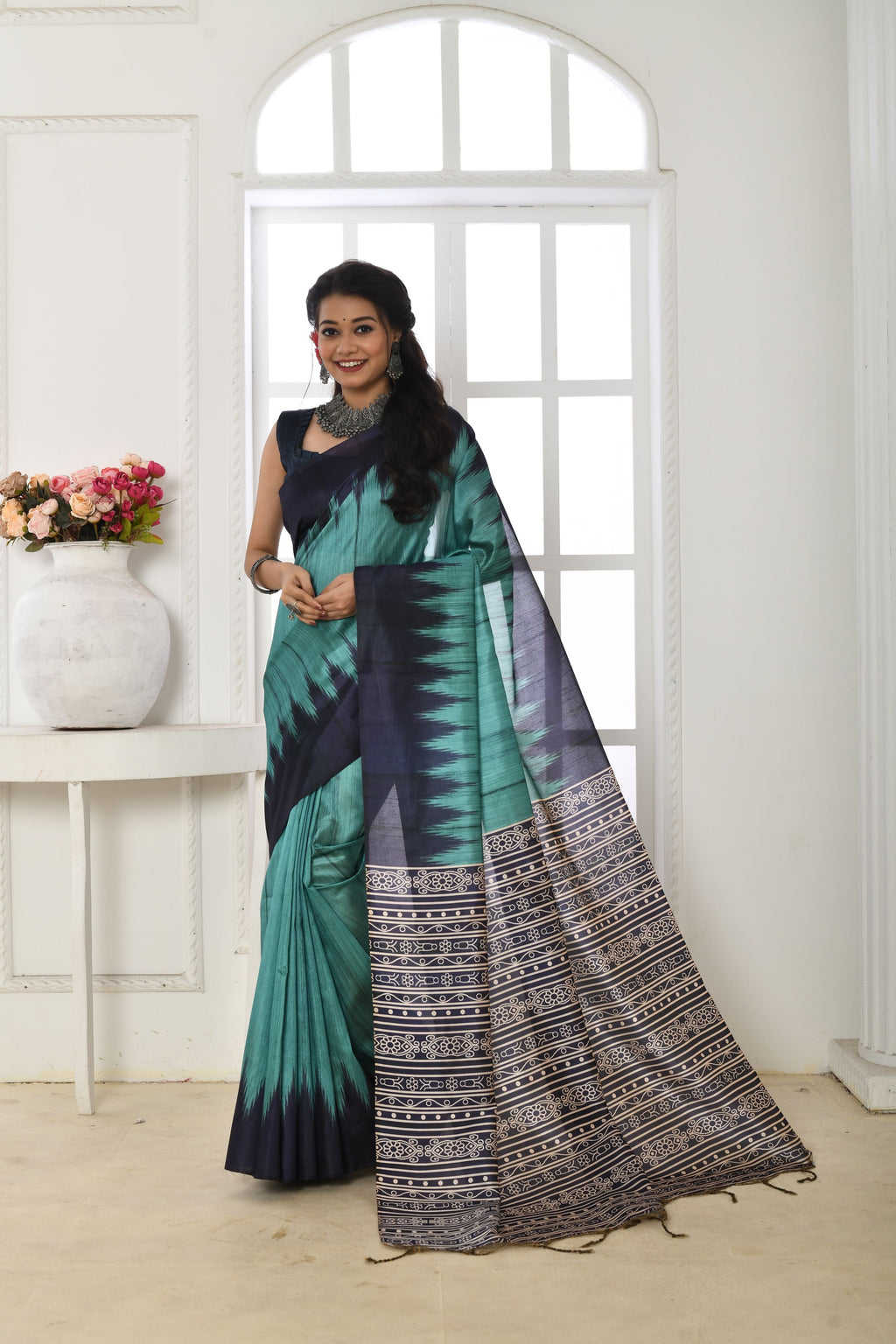Jyoti Fashion Women's Firozi Soft Tussar Silk Printed Temple Border Traditional Saree with Blouse | Grocsy