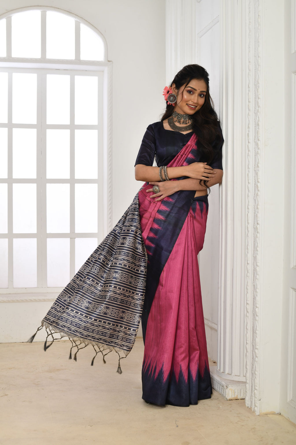 Jyoti Fashion Women's Pink Soft Tussar Silk Printed Temple Border Traditional Saree with Blouse | Grocsy