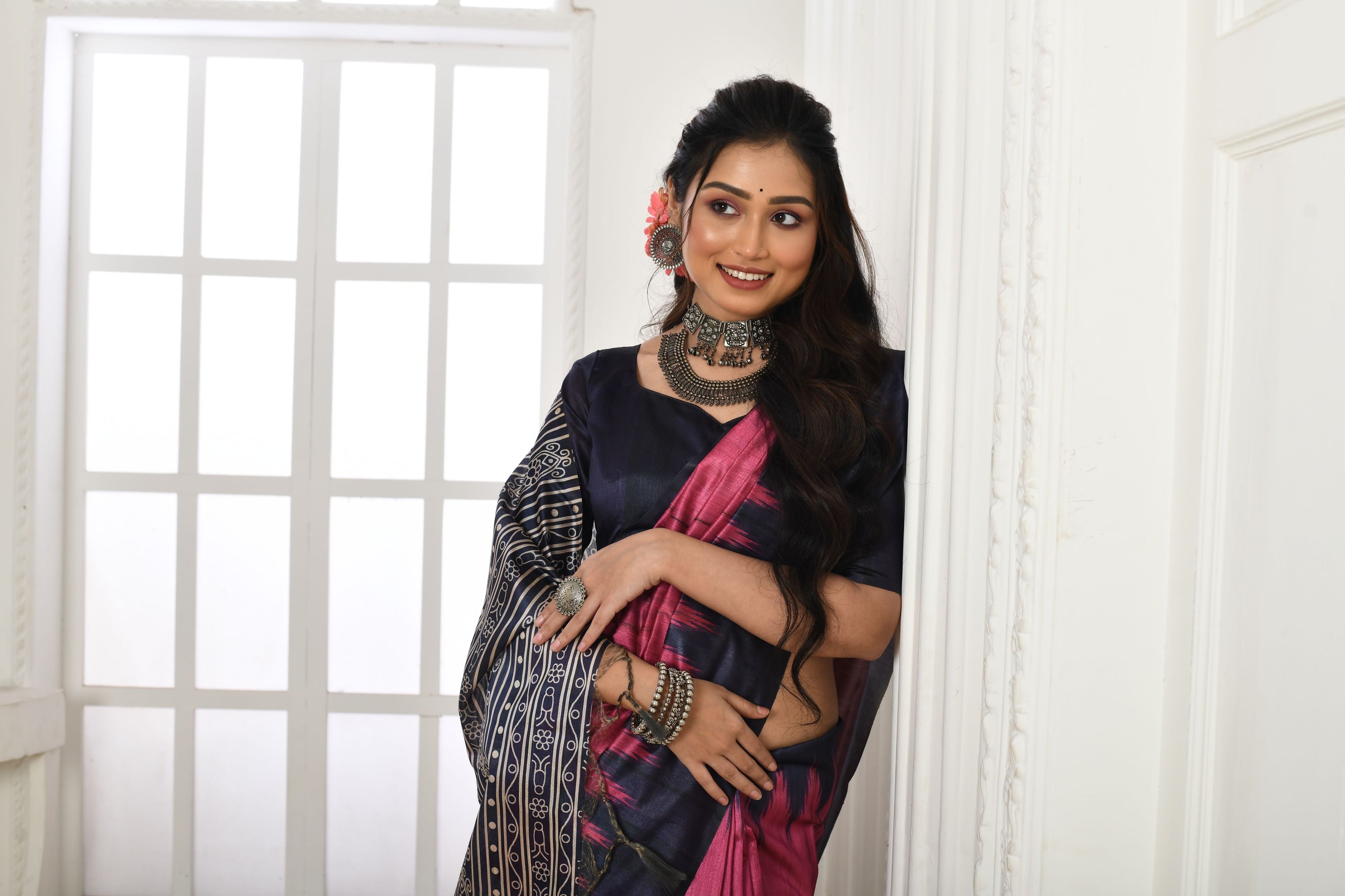 Jyoti Fashion Women's Pink Soft Tussar Silk Printed Temple Border Traditional Saree with Blouse | Grocsy