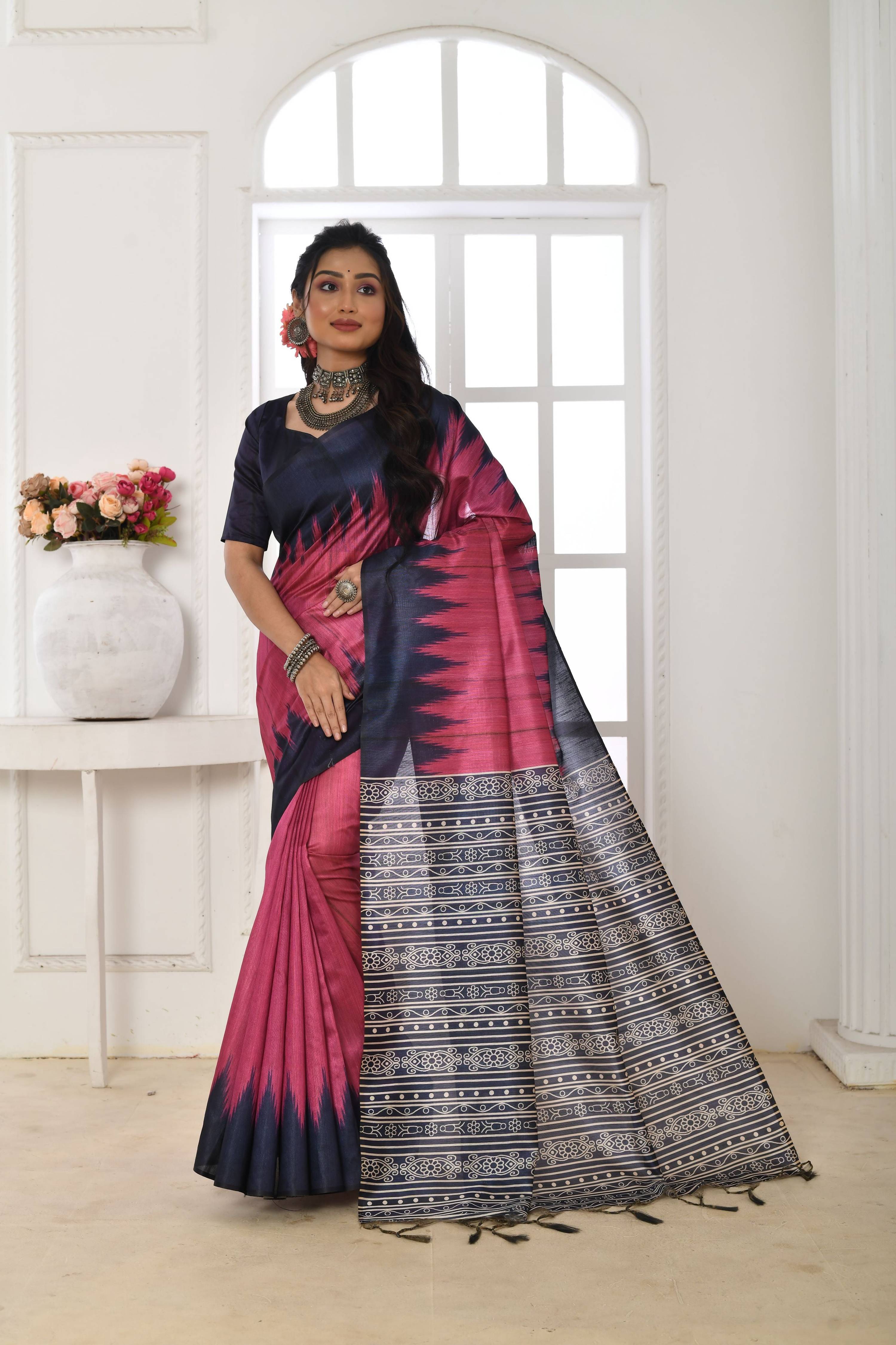 Jyoti Fashion Women's Pink Soft Tussar Silk Printed Temple Border Traditional Saree with Blouse | Grocsy