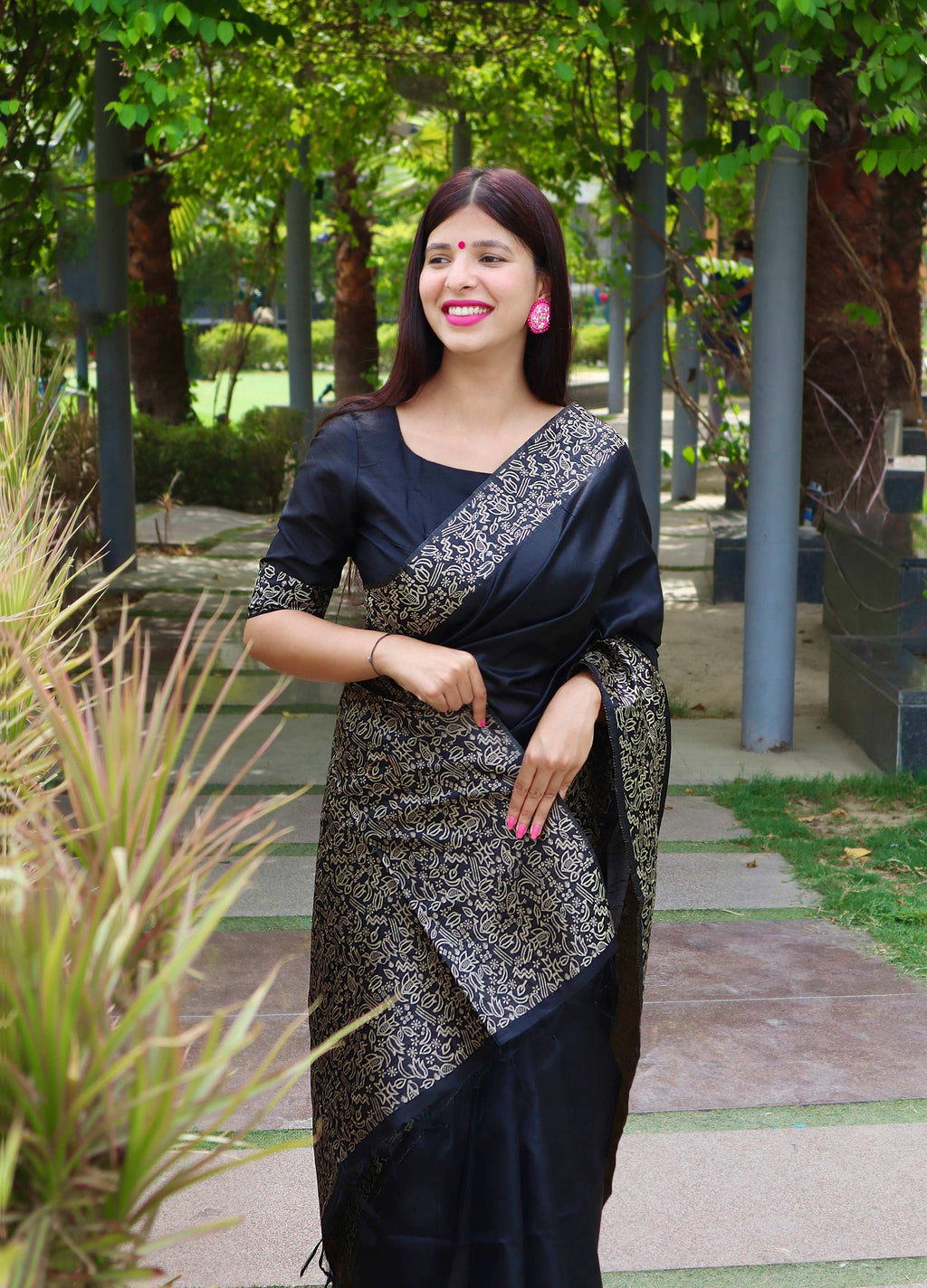 Jyoti Fashion Women's Black Handloom Raw Silk Printed Border Traditional Saree with Blouse | Grocsy