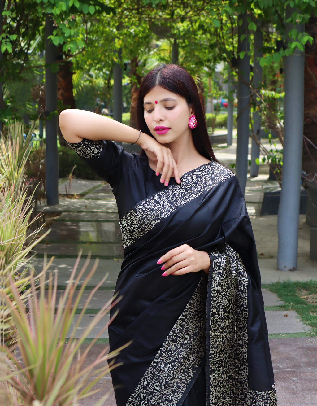 Jyoti Fashion Women's Black Handloom Raw Silk Printed Border Traditional Saree with Blouse | Grocsy