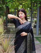Jyoti Fashion Women's Black Handloom Raw Silk Printed Border Traditional Saree with Blouse | Grocsy