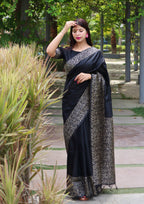 Jyoti Fashion Women's Black Handloom Raw Silk Printed Border Traditional Saree with Blouse | Grocsy