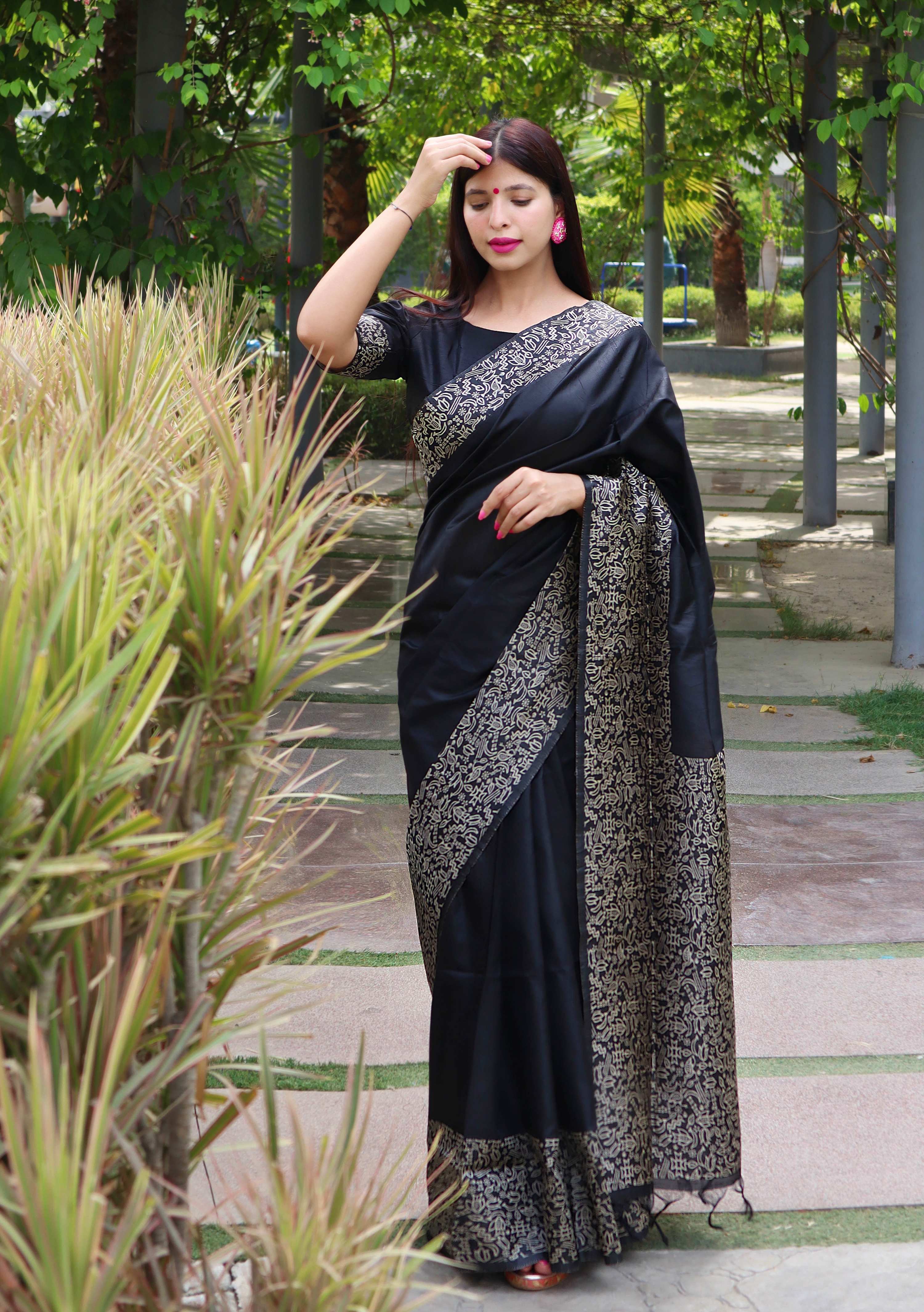 Jyoti Fashion Women's Black Handloom Raw Silk Printed Border Traditional Saree with Blouse | Grocsy