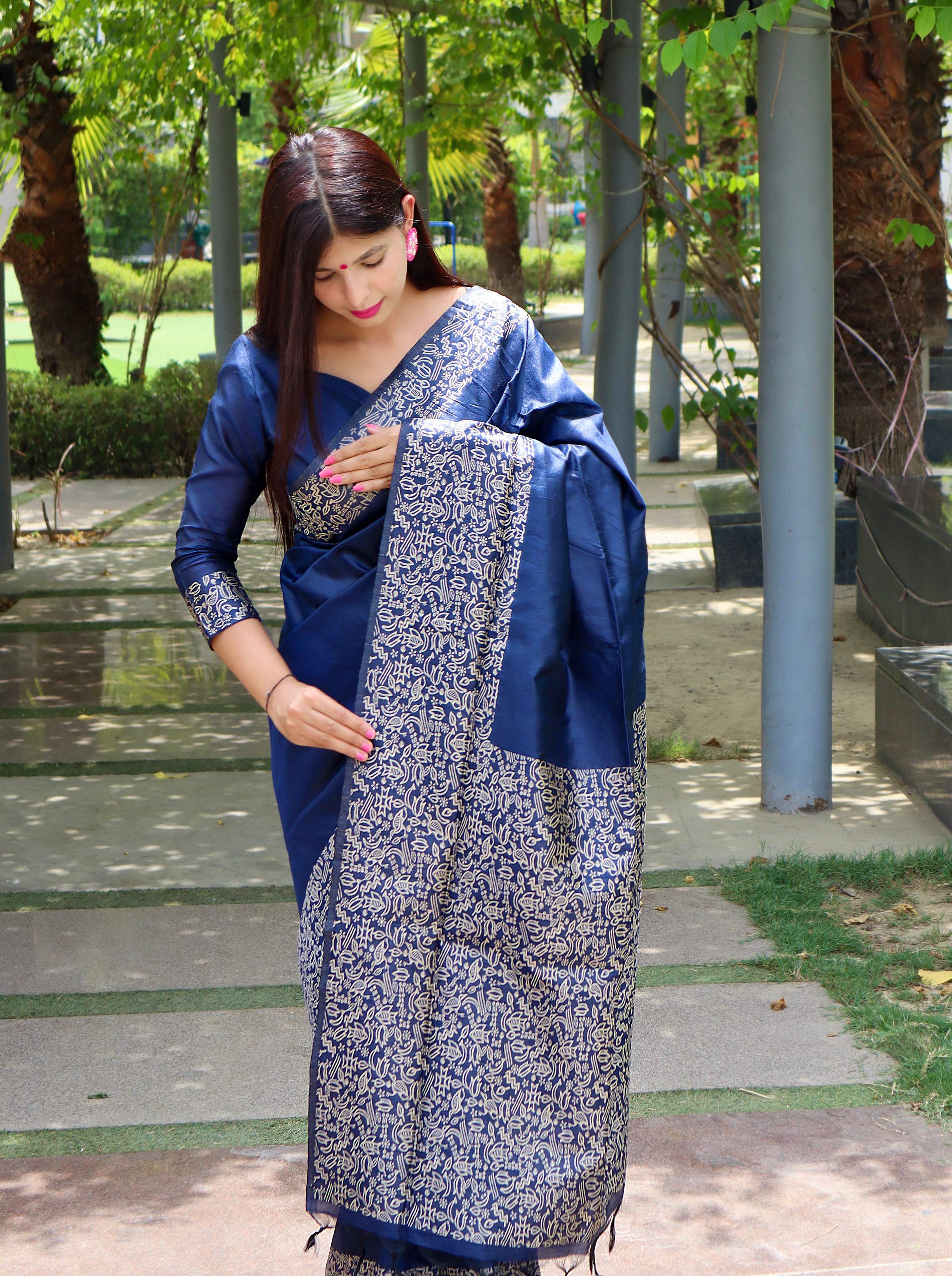 Jyoti Fashion Women's Blue Handloom Raw Silk Printed Border Traditional Saree with Blouse | Grocsy