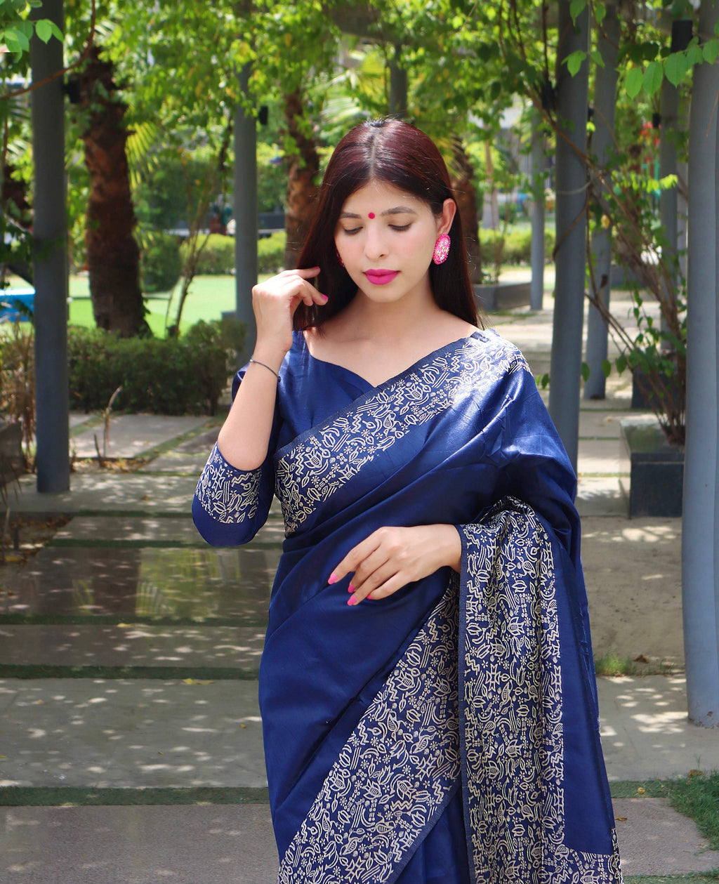 Jyoti Fashion Women's Blue Handloom Raw Silk Printed Border Traditional Saree with Blouse | Grocsy