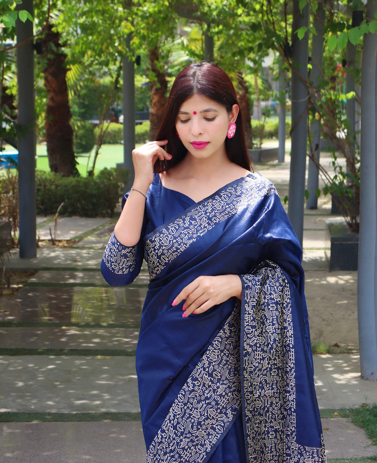 Jyoti Fashion Women's Blue Handloom Raw Silk Printed Border Traditional Saree with Blouse | Grocsy