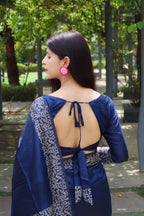 Jyoti Fashion Women's Blue Handloom Raw Silk Printed Border Traditional Saree with Blouse | Grocsy
