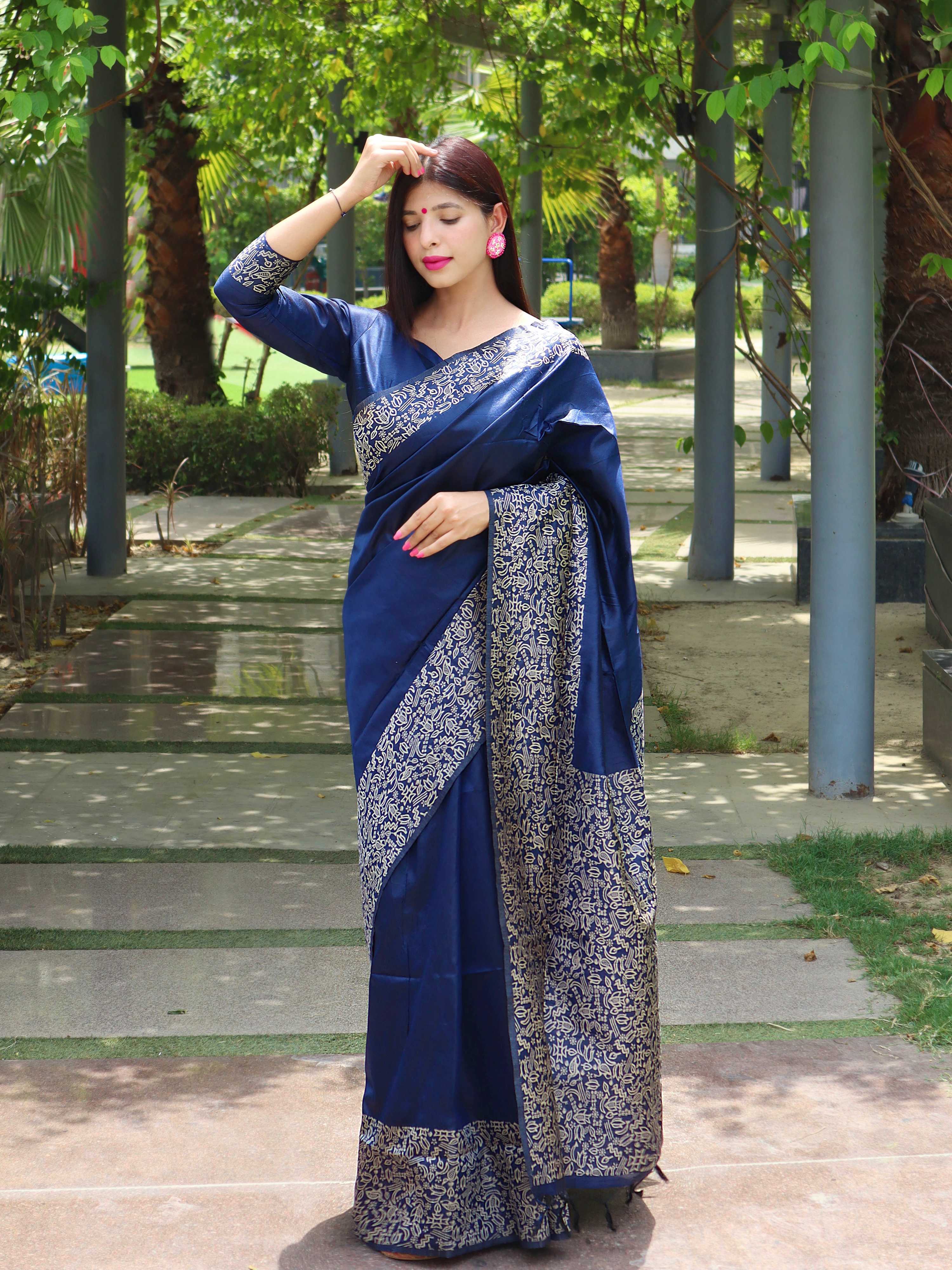 Jyoti Fashion Women's Blue Handloom Raw Silk Printed Border Traditional Saree with Blouse | Grocsy