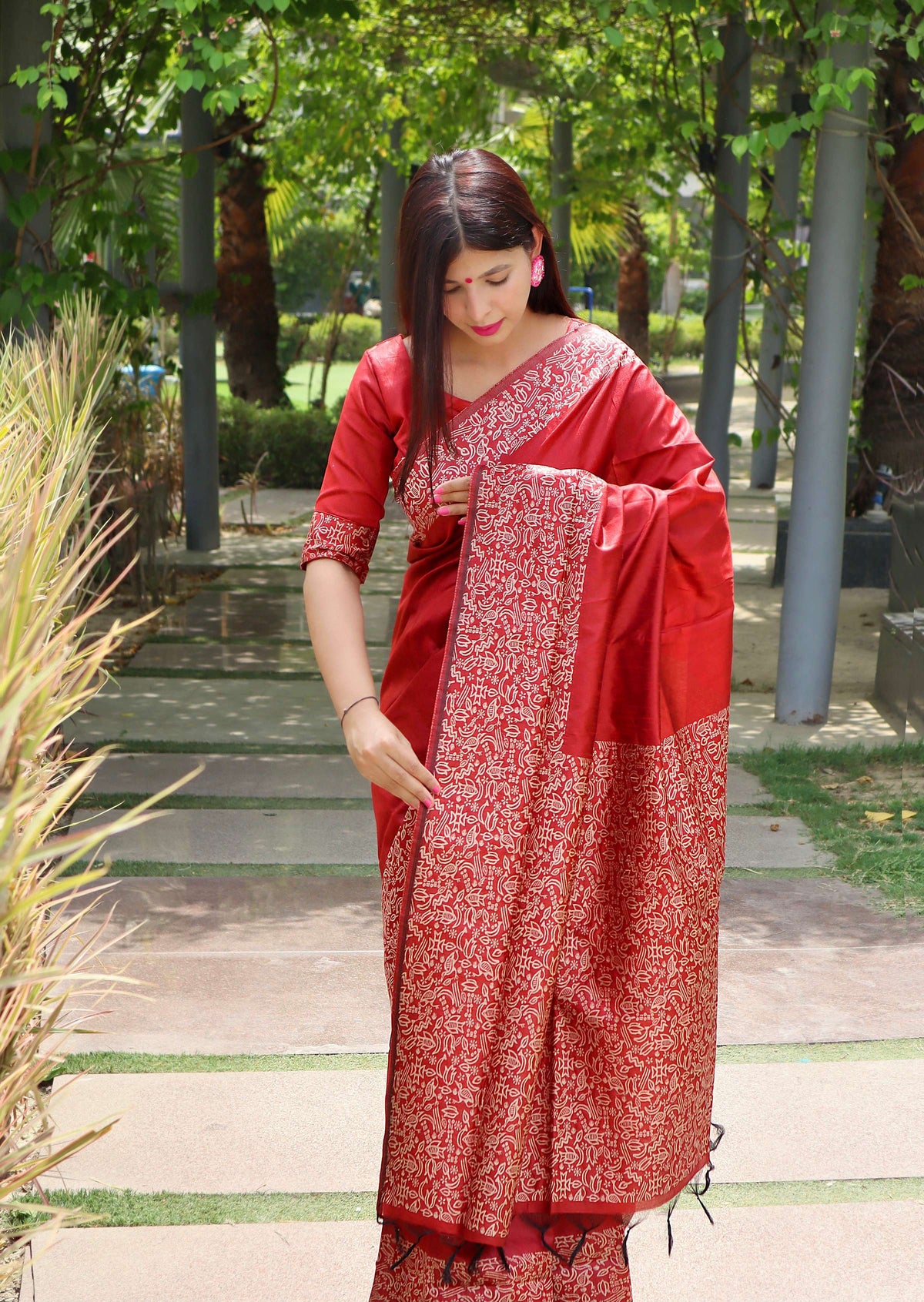 Jyoti Fashion Women's Red Handloom Raw Silk Printed Border Traditional Saree with Blouse | Grocsy