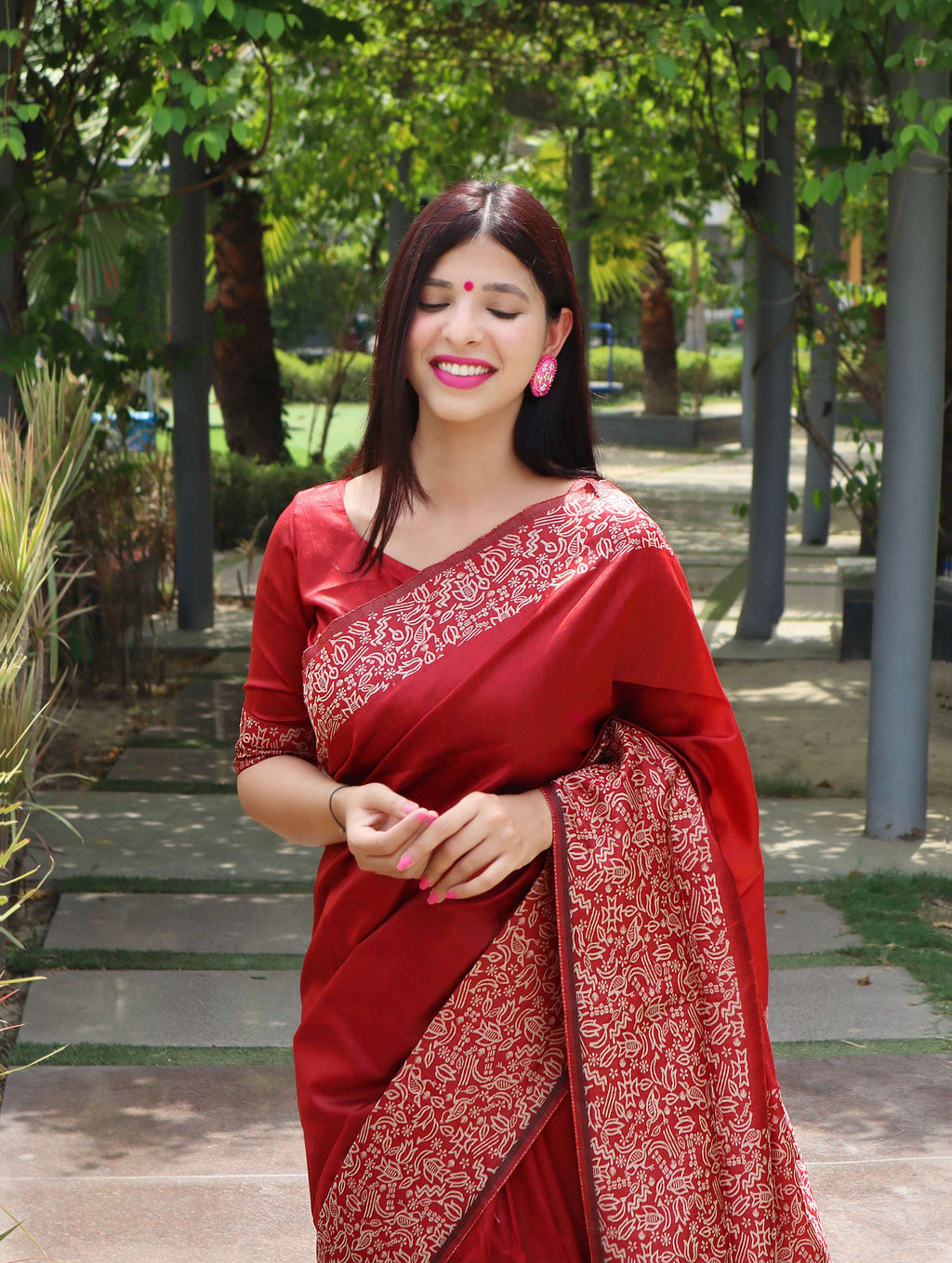 Jyoti Fashion Women's Red Handloom Raw Silk Printed Border Traditional Saree with Blouse | Grocsy