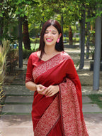 Jyoti Fashion Women's Red Handloom Raw Silk Printed Border Traditional Saree with Blouse | Grocsy