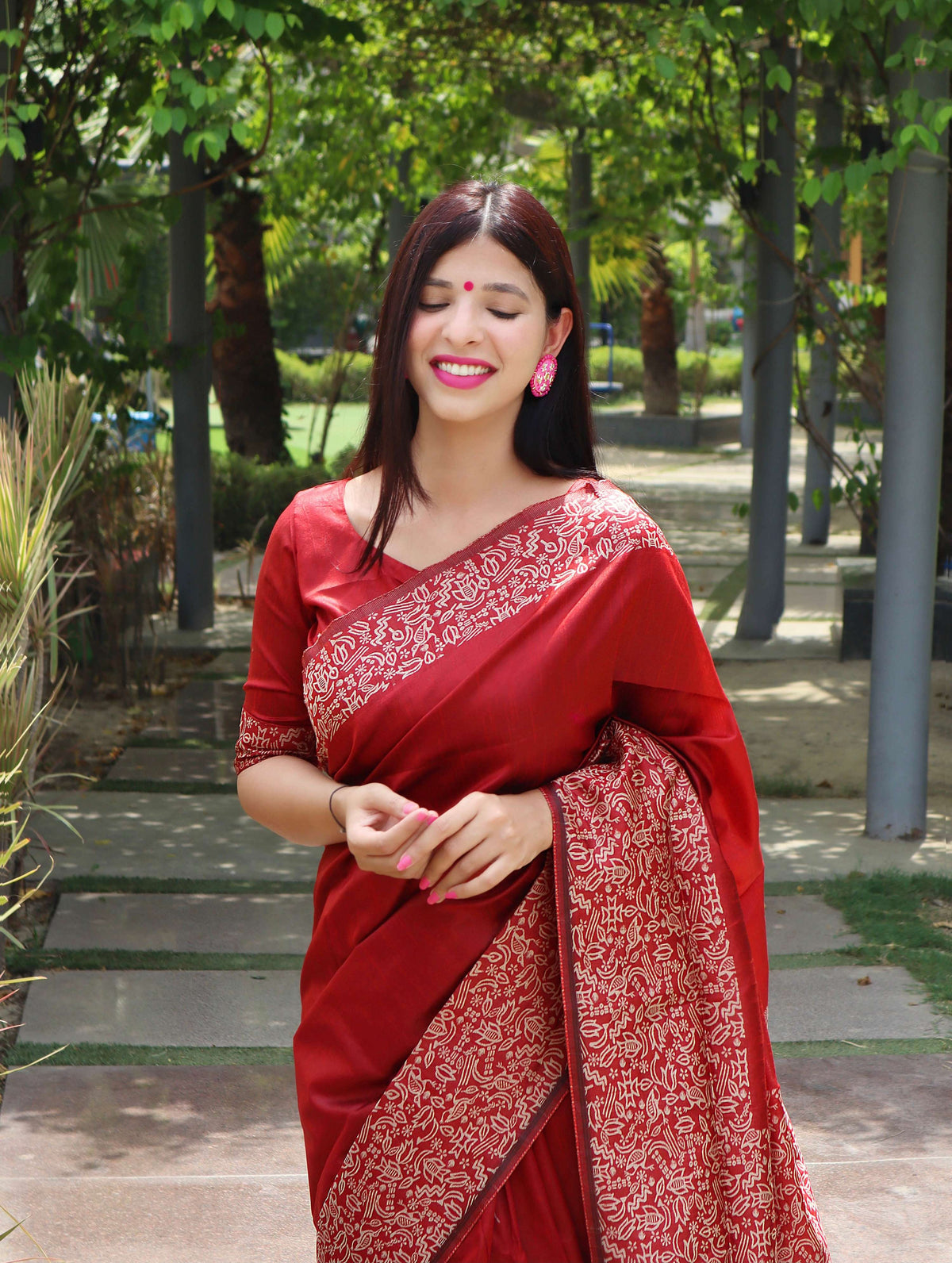 Jyoti Fashion Women's Red Handloom Raw Silk Printed Border Traditional Saree with Blouse | Grocsy