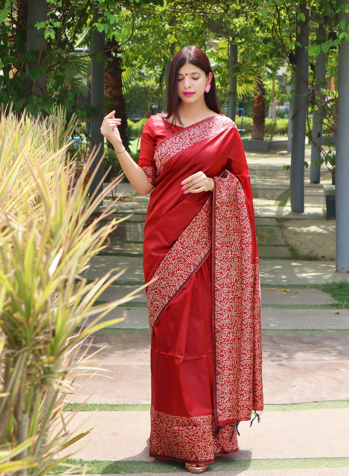 Jyoti Fashion Women's Red Handloom Raw Silk Printed Border Traditional Saree with Blouse | Grocsy