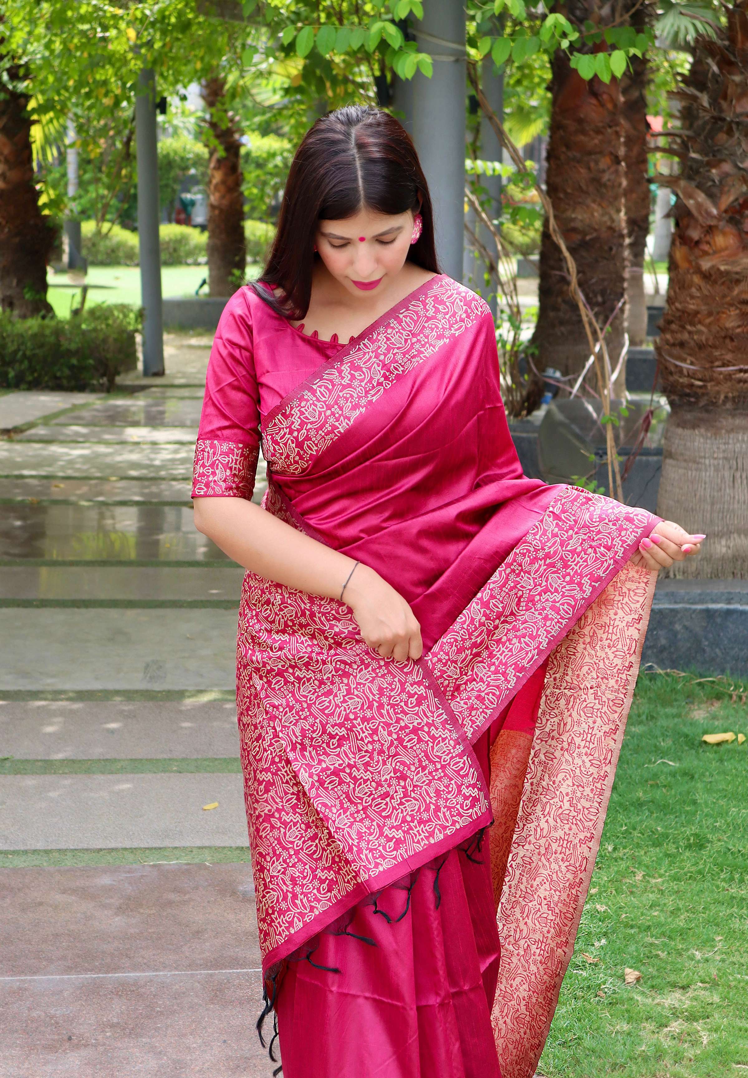 Jyoti Fashion Women's Pink Handloom Raw Silk Printed Border Traditional Saree with Blouse | Grocsy
