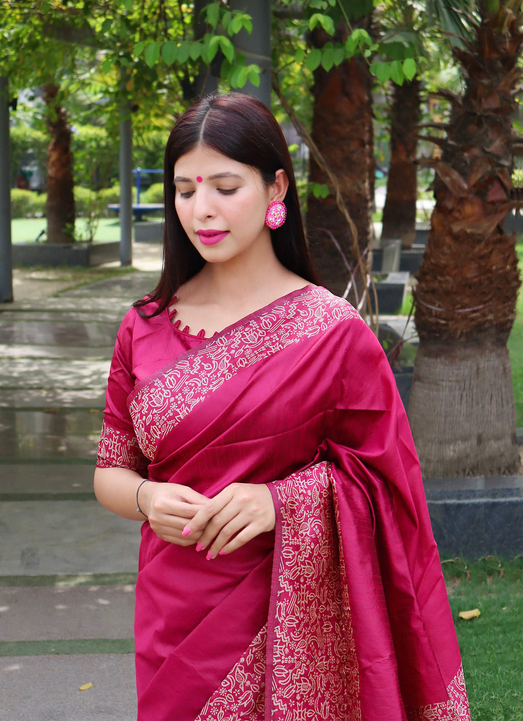 Jyoti Fashion Women's Pink Handloom Raw Silk Printed Border Traditional Saree with Blouse | Grocsy