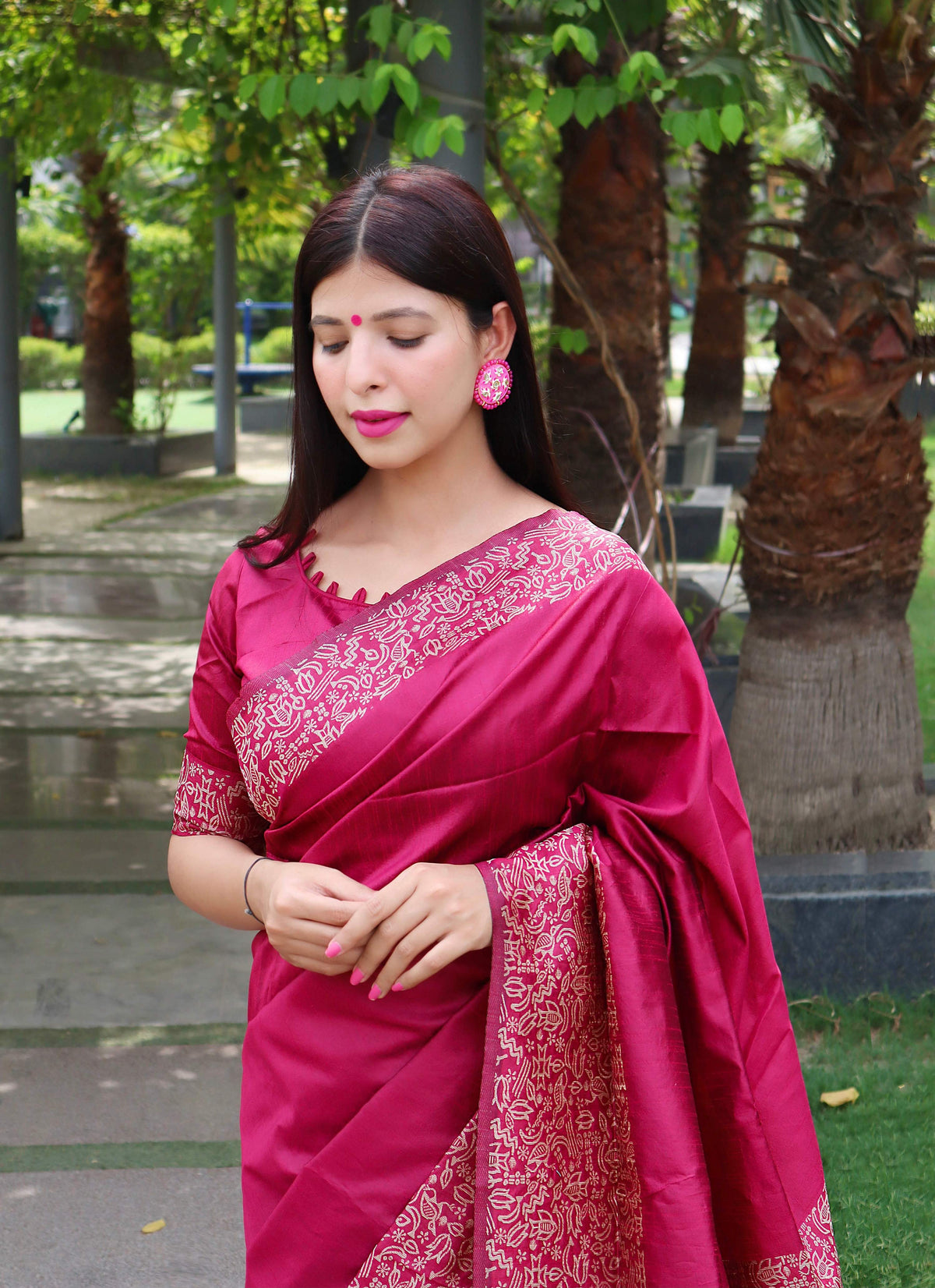 Jyoti Fashion Women's Pink Handloom Raw Silk Printed Border Traditional Saree with Blouse | Grocsy