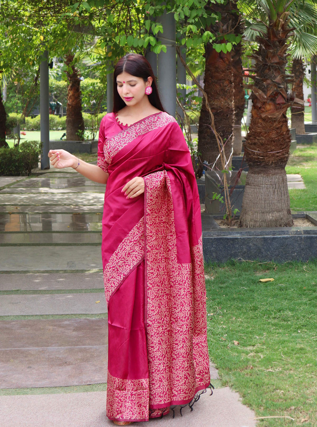 Jyoti Fashion Women's Pink Handloom Raw Silk Printed Border Traditional Saree with Blouse | Grocsy