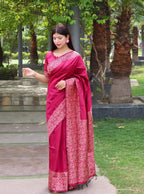 Jyoti Fashion Women's Pink Handloom Raw Silk Printed Border Traditional Saree with Blouse | Grocsy