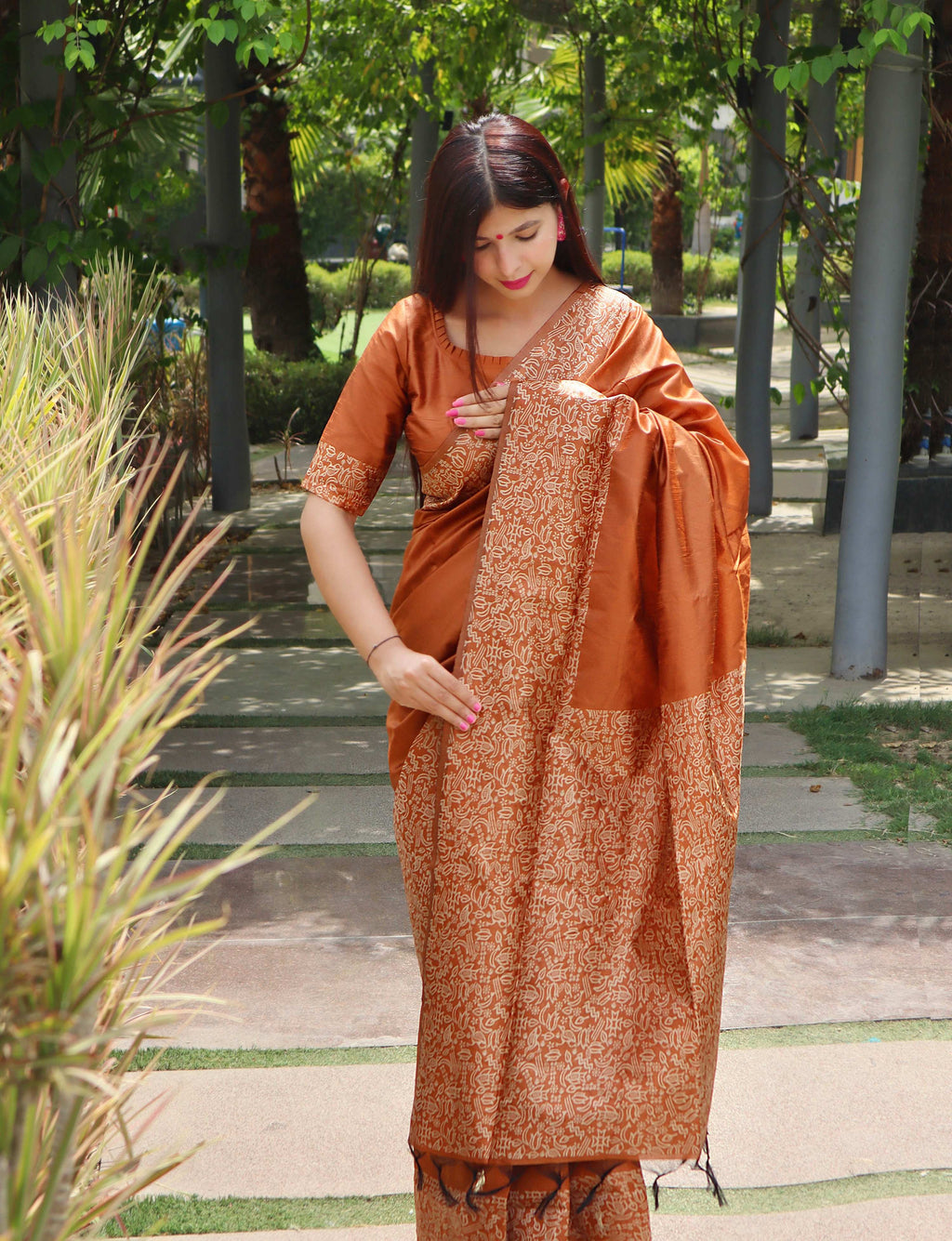 Jyoti Fashion Women's Orange Handloom Raw Silk Printed Border Traditional Saree with Blouse | Grocsy