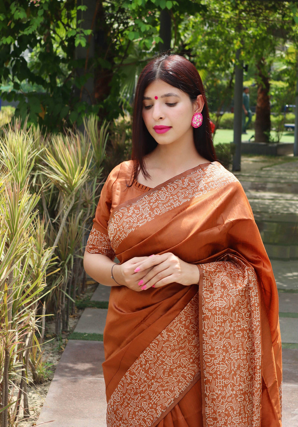 Jyoti Fashion Women's Orange Handloom Raw Silk Printed Border Traditional Saree with Blouse | Grocsy