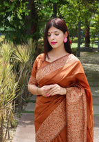 Jyoti Fashion Women's Orange Handloom Raw Silk Printed Border Traditional Saree with Blouse | Grocsy