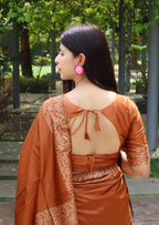 Jyoti Fashion Women's Orange Handloom Raw Silk Printed Border Traditional Saree with Blouse | Grocsy