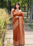 Jyoti Fashion Women's Orange Handloom Raw Silk Printed Border Traditional Saree with Blouse | Grocsy