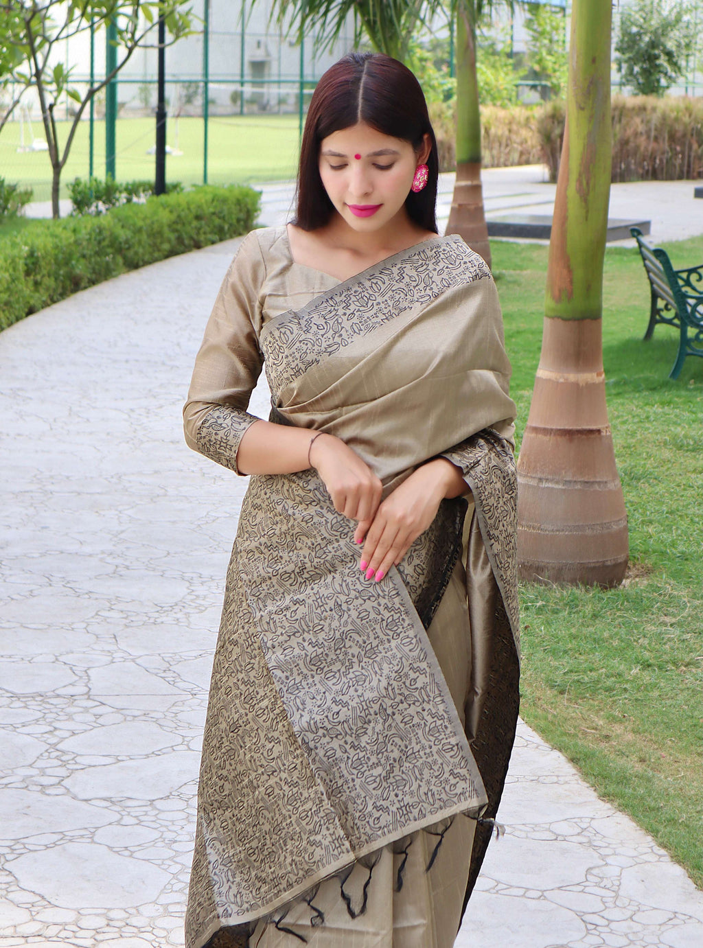 Jyoti Fashion Women's Cream Handloom Raw Silk Printed Border Traditional Saree with Blouse | Grocsy