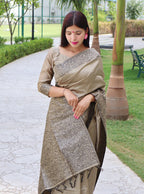 Jyoti Fashion Women's Cream Handloom Raw Silk Printed Border Traditional Saree with Blouse | Grocsy