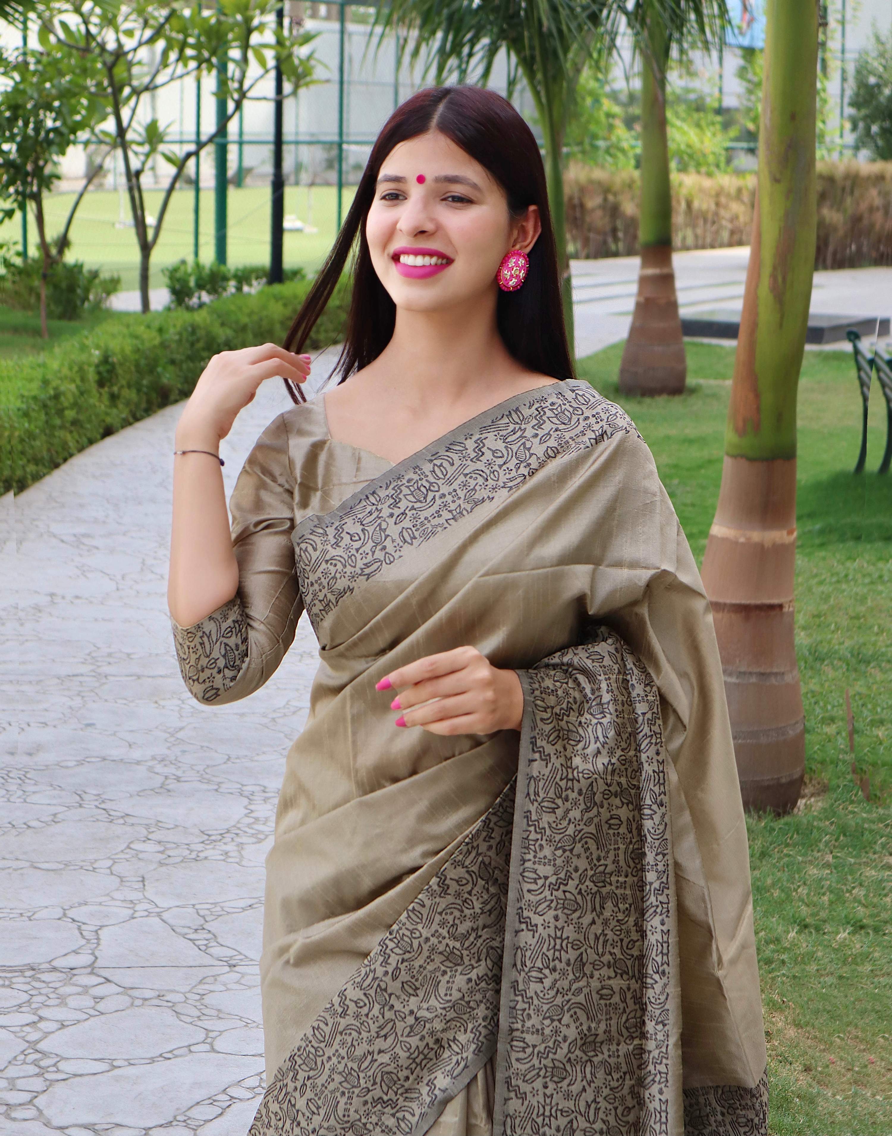 Jyoti Fashion Women's Cream Handloom Raw Silk Printed Border Traditional Saree with Blouse | Grocsy