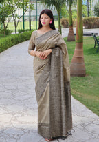 Jyoti Fashion Women's Cream Handloom Raw Silk Printed Border Traditional Saree with Blouse | Grocsy