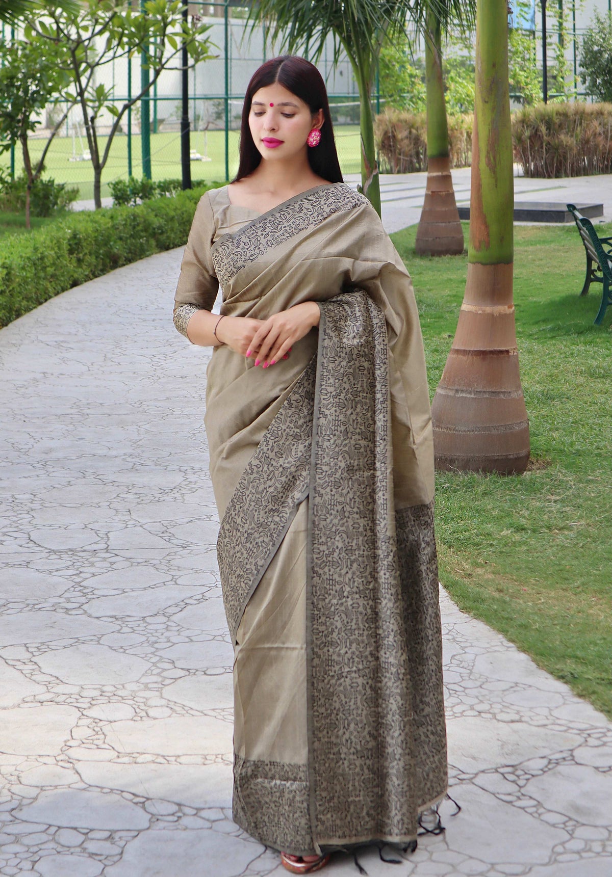 Jyoti Fashion Women's Cream Handloom Raw Silk Printed Border Traditional Saree with Blouse | Grocsy