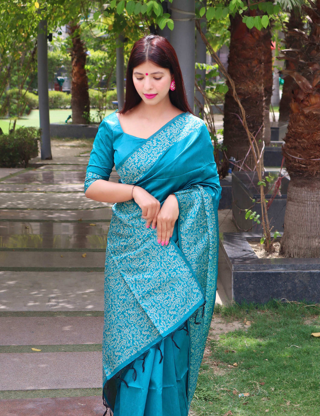 Jyoti Fashion Women's Firozi Handloom Raw Silk Printed Border Traditional Saree with Blouse | Grocsy