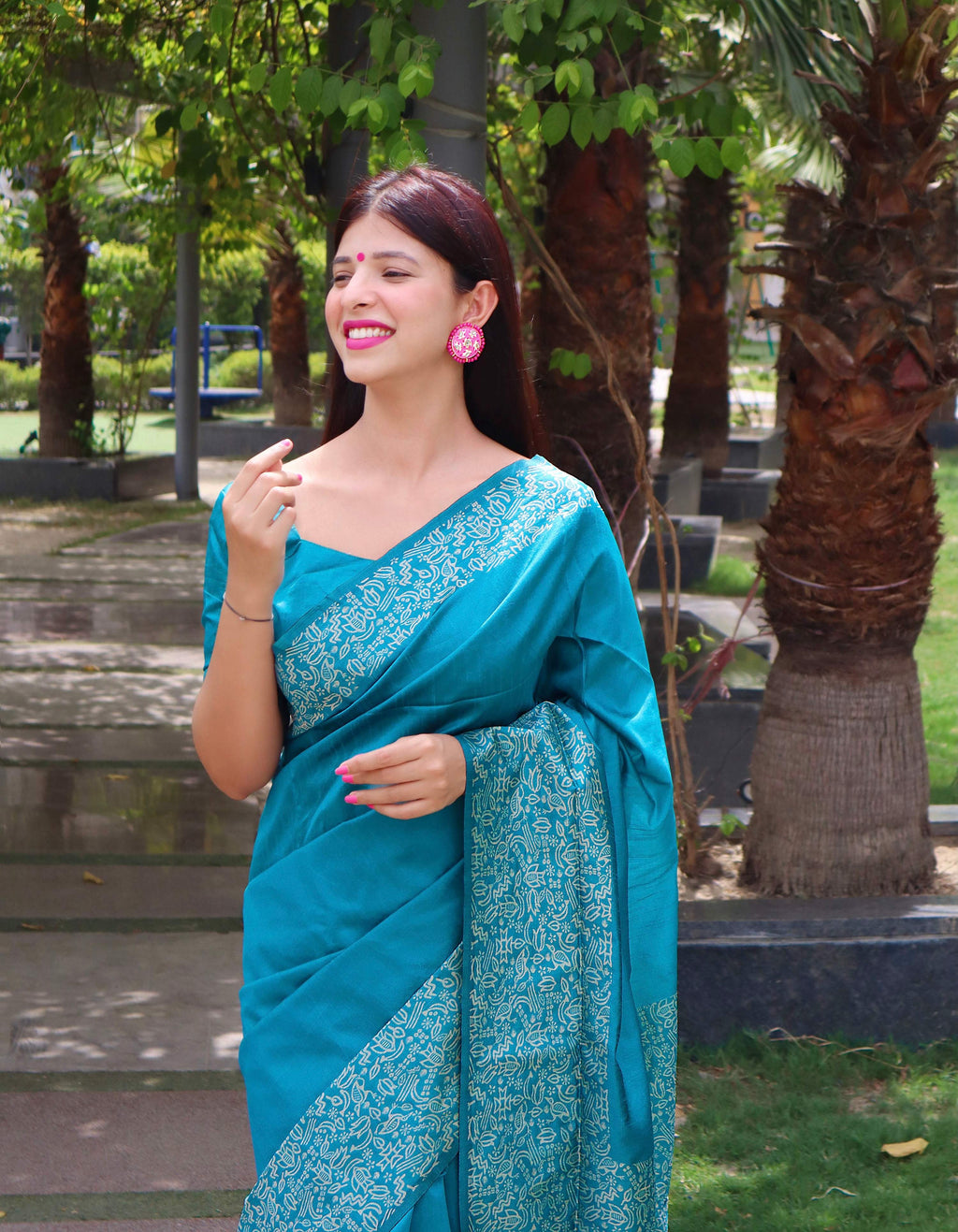 Jyoti Fashion Women's Firozi Handloom Raw Silk Printed Border Traditional Saree with Blouse | Grocsy