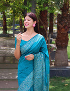 Jyoti Fashion Women's Firozi Handloom Raw Silk Printed Border Traditional Saree with Blouse | Grocsy