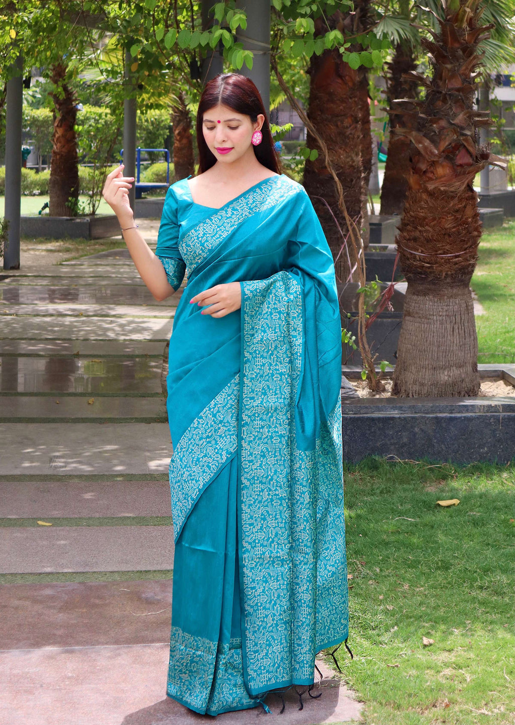 Jyoti Fashion Women's Firozi Handloom Raw Silk Printed Border Traditional Saree with Blouse | Grocsy