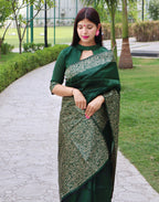 Jyoti Fashion Women's Green Handloom Raw Silk Printed Border Traditional Saree with Blouse | Grocsy