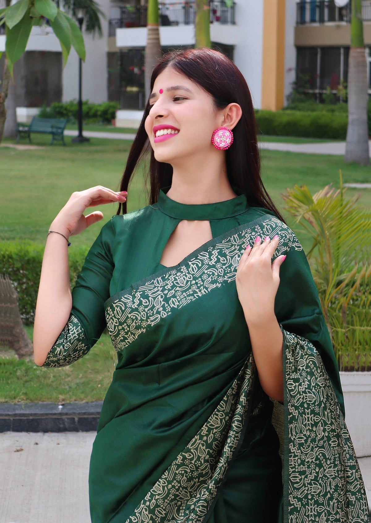 Jyoti Fashion Women's Green Handloom Raw Silk Printed Border Traditional Saree with Blouse | Grocsy