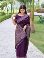 Jyoti Fashion Women's Purple Handloom Raw Silk Printed Border Traditional Saree with Blouse | Grocsy