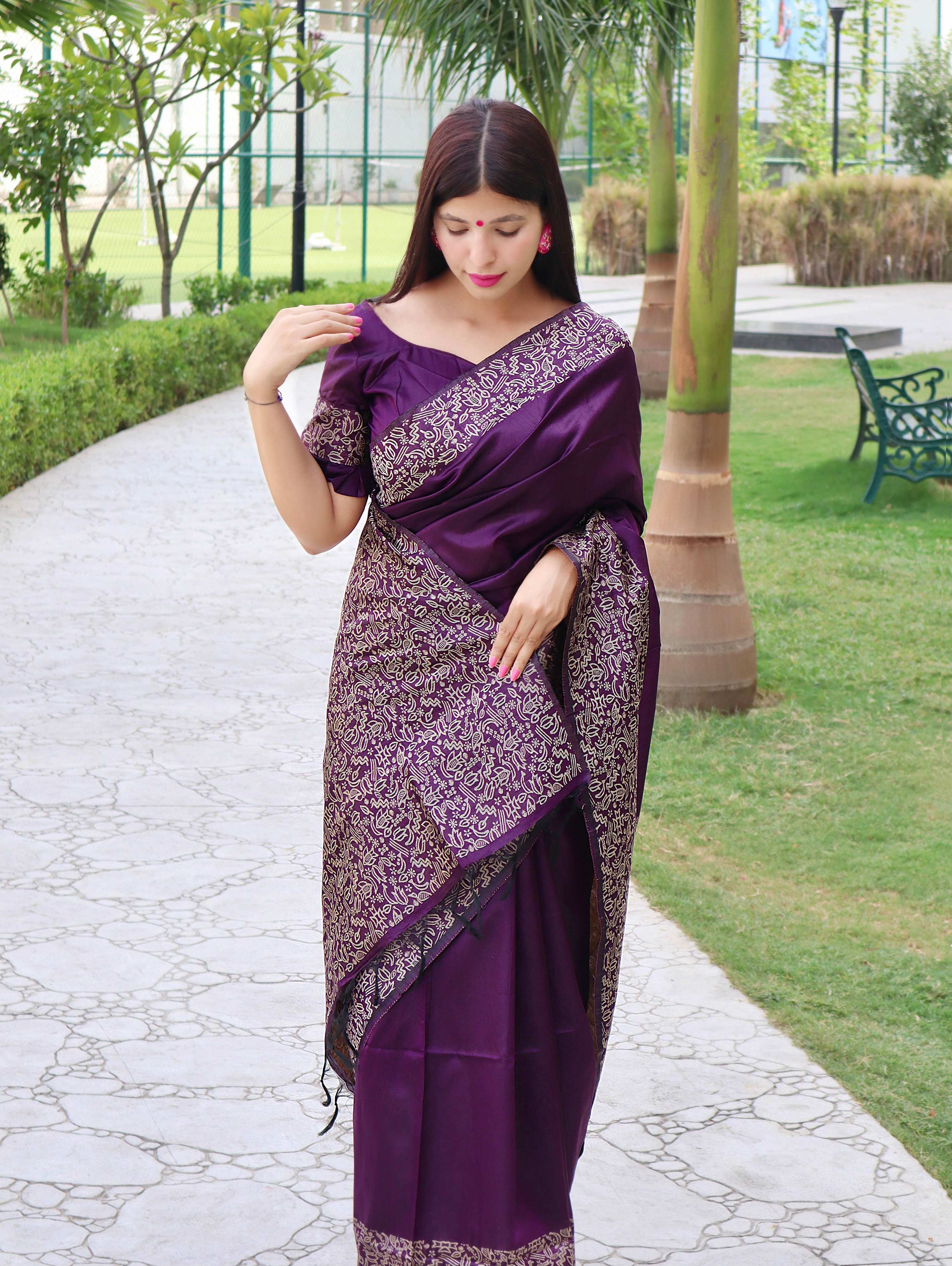 Jyoti Fashion Women's Purple Handloom Raw Silk Printed Border Traditional Saree with Blouse | Grocsy