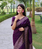 Jyoti Fashion Women's Purple Handloom Raw Silk Printed Border Traditional Saree with Blouse | Grocsy
