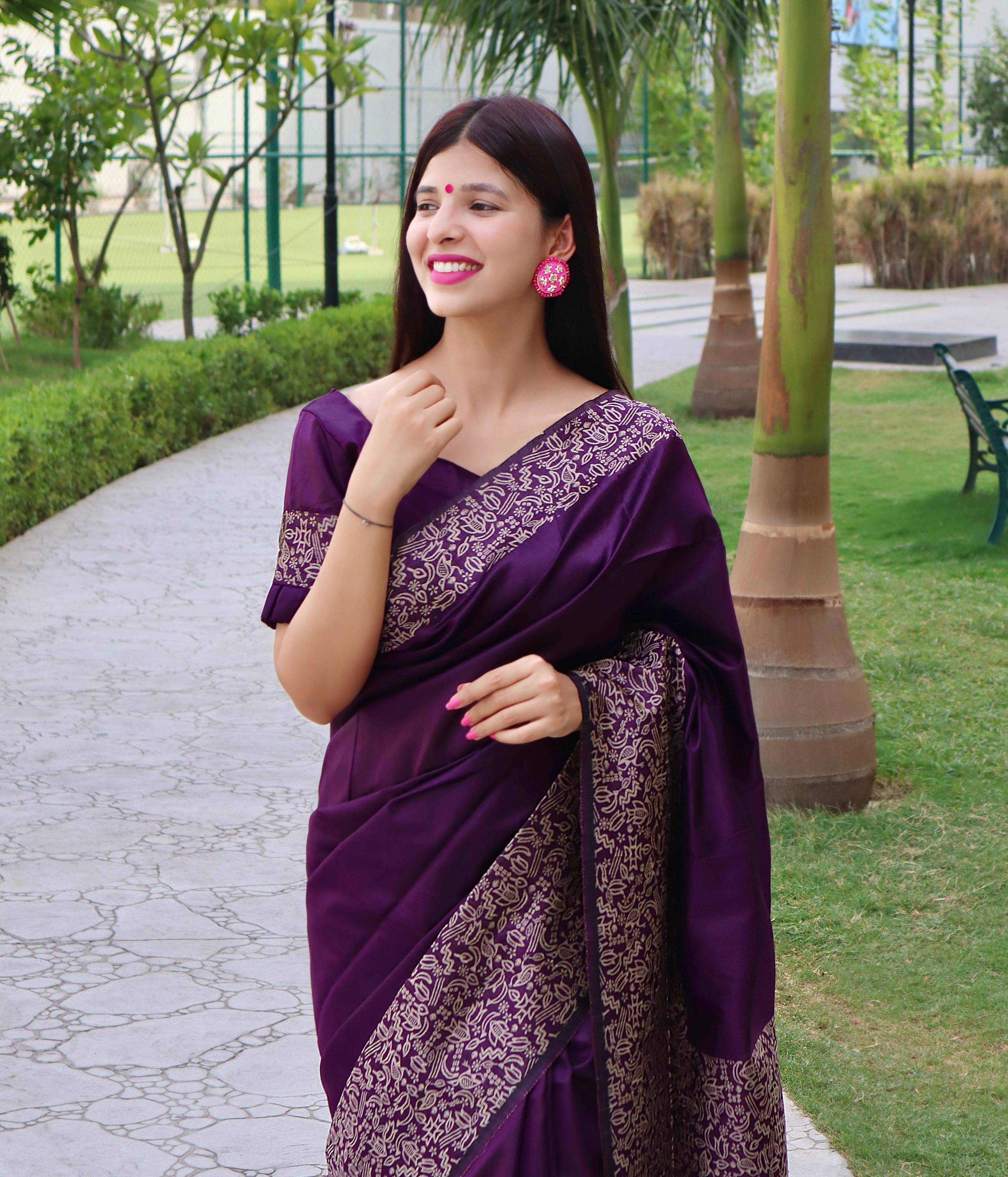 Jyoti Fashion Women's Purple Handloom Raw Silk Printed Border Traditional Saree with Blouse | Grocsy