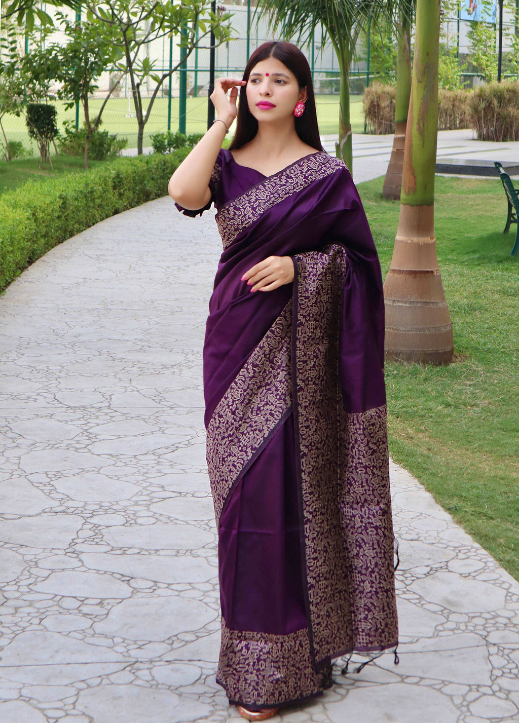 Jyoti Fashion Women's Purple Handloom Raw Silk Printed Border Traditional Saree with Blouse | Grocsy