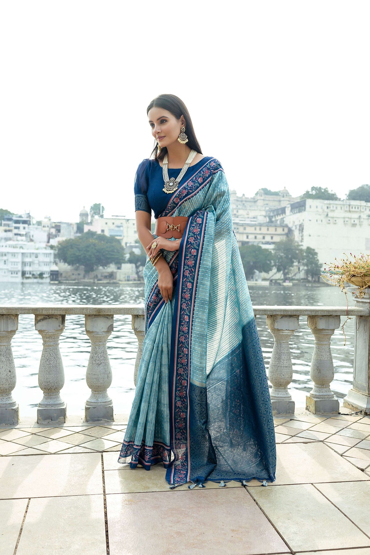 Jyoti Fashion Women's Firozi Soft Silk Zari Woven Traditional Saree with Blouse | Grocsy