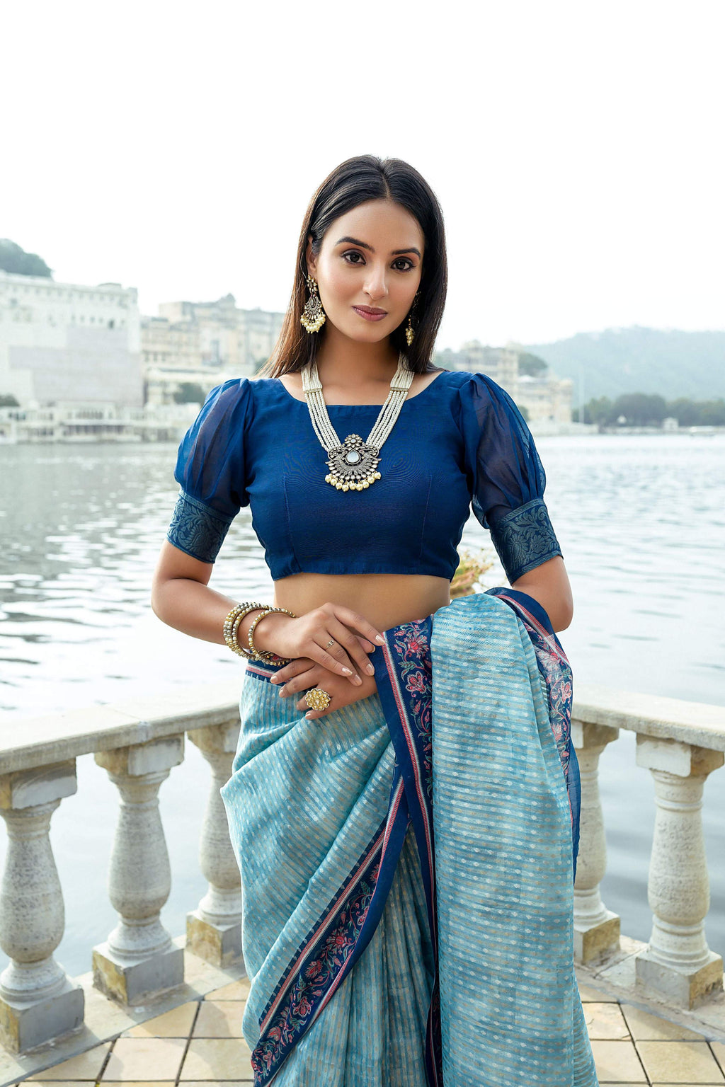 Jyoti Fashion Women's Firozi Soft Silk Zari Woven Traditional Saree with Blouse | Grocsy