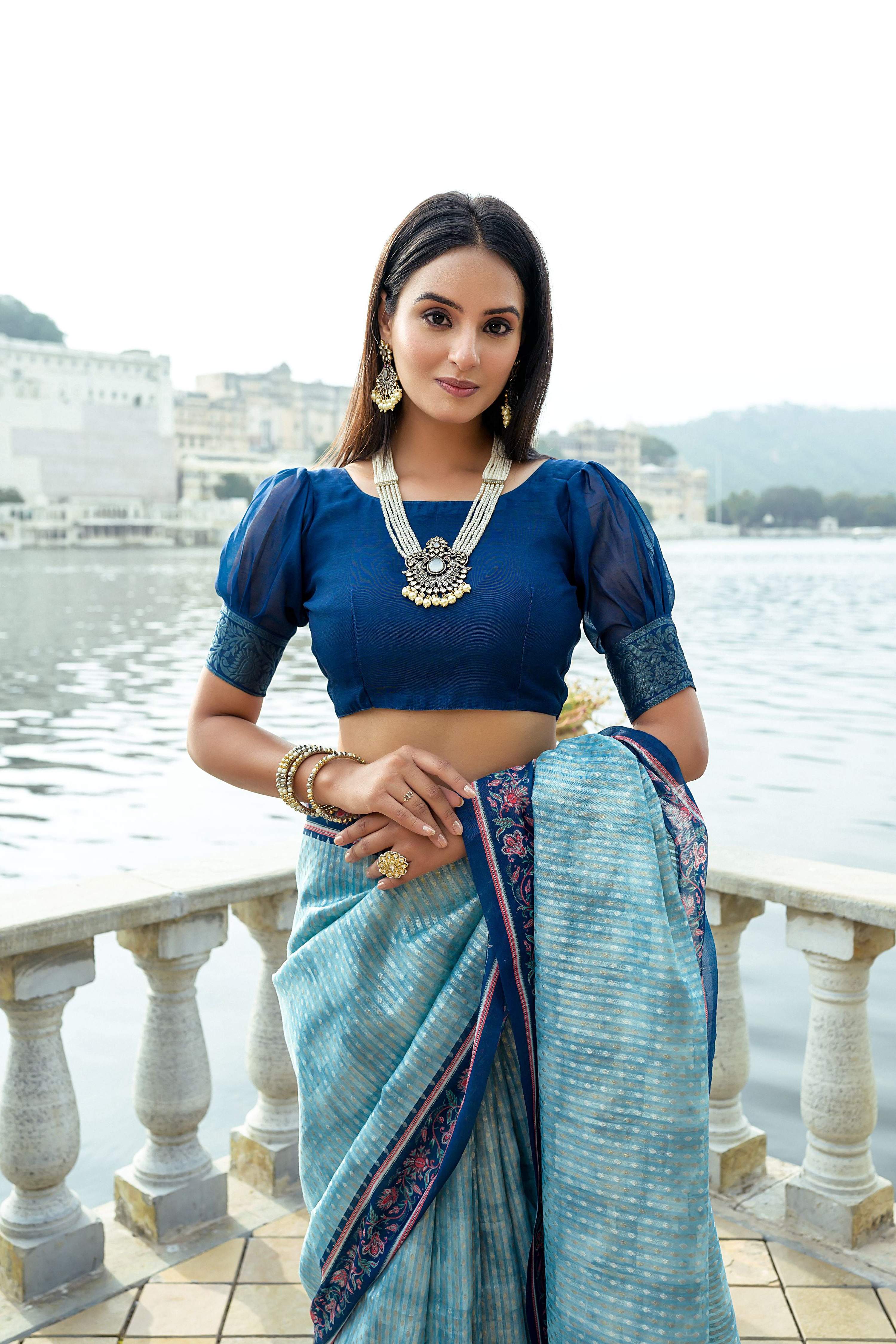 Jyoti Fashion Women's Firozi Soft Silk Zari Woven Traditional Saree with Blouse | Grocsy