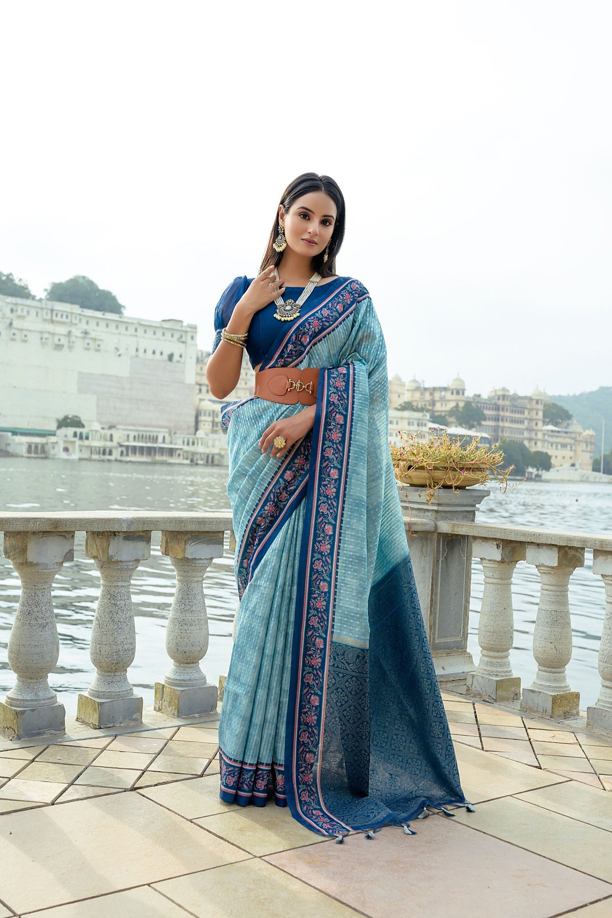 Jyoti Fashion Women's Firozi Soft Silk Zari Woven Traditional Saree with Blouse | Grocsy