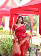 Jyoti Fashion Women's Red Linen Silk Zari Woven Traditional Saree with Blouse | Grocsy